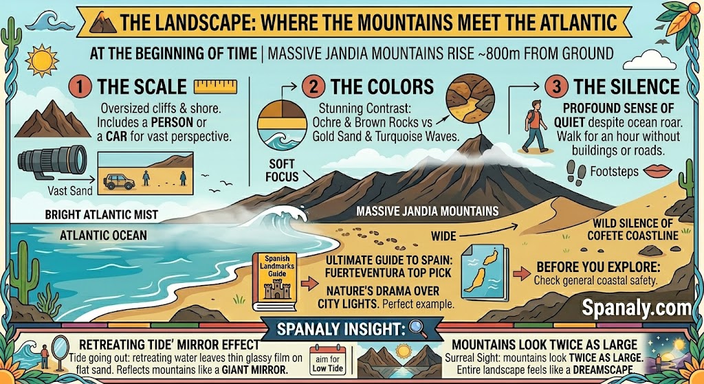 A landscape infographic of Playa de Cofete showing the 800m Jandia mountains meeting the Atlantic, featuring the retreating tide mirror effect and volcanic color contrasts.