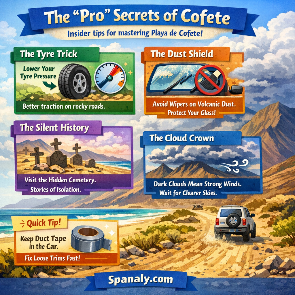 Colorful infographic map-style image showing the pro secrets of Playa de Cofete in Fuerteventura, Spain, including tyre pressure tips, volcanic dust windshield advice, hidden cemetery history, weather warning clouds, and 4x4 travel essentials.