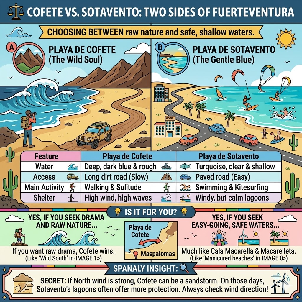 A side-by-side comparison infographic between Playa de Cofete and Playa de Sotavento in Fuerteventura, highlighting differences in water conditions, accessibility, and activities.