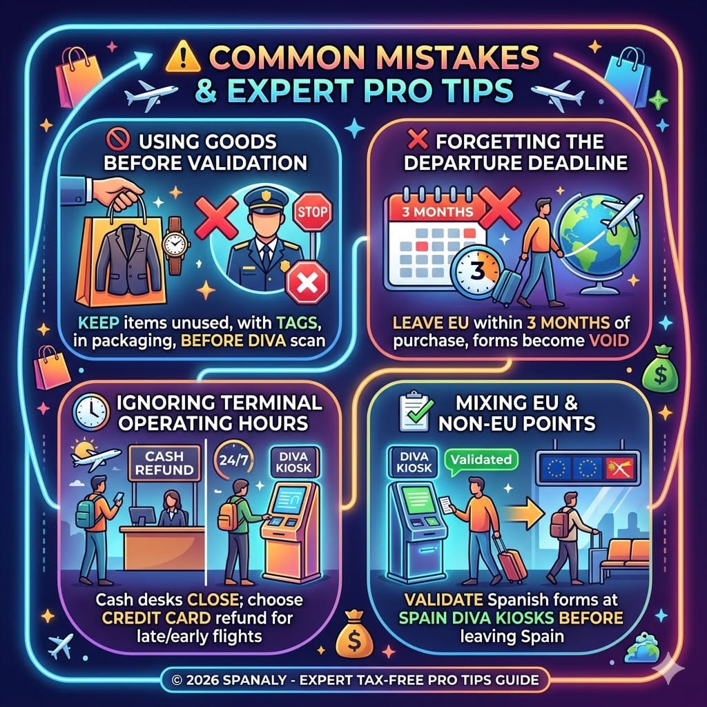 A vibrant illustrated square infographic guiding on common mistakes and expert pro tips for successful tax-free refunds in Spain, emphasizing keeping goods unused, respecting departure deadlines, checking operating hours, and correctly mixing EU exit points, all with no Arabic text.