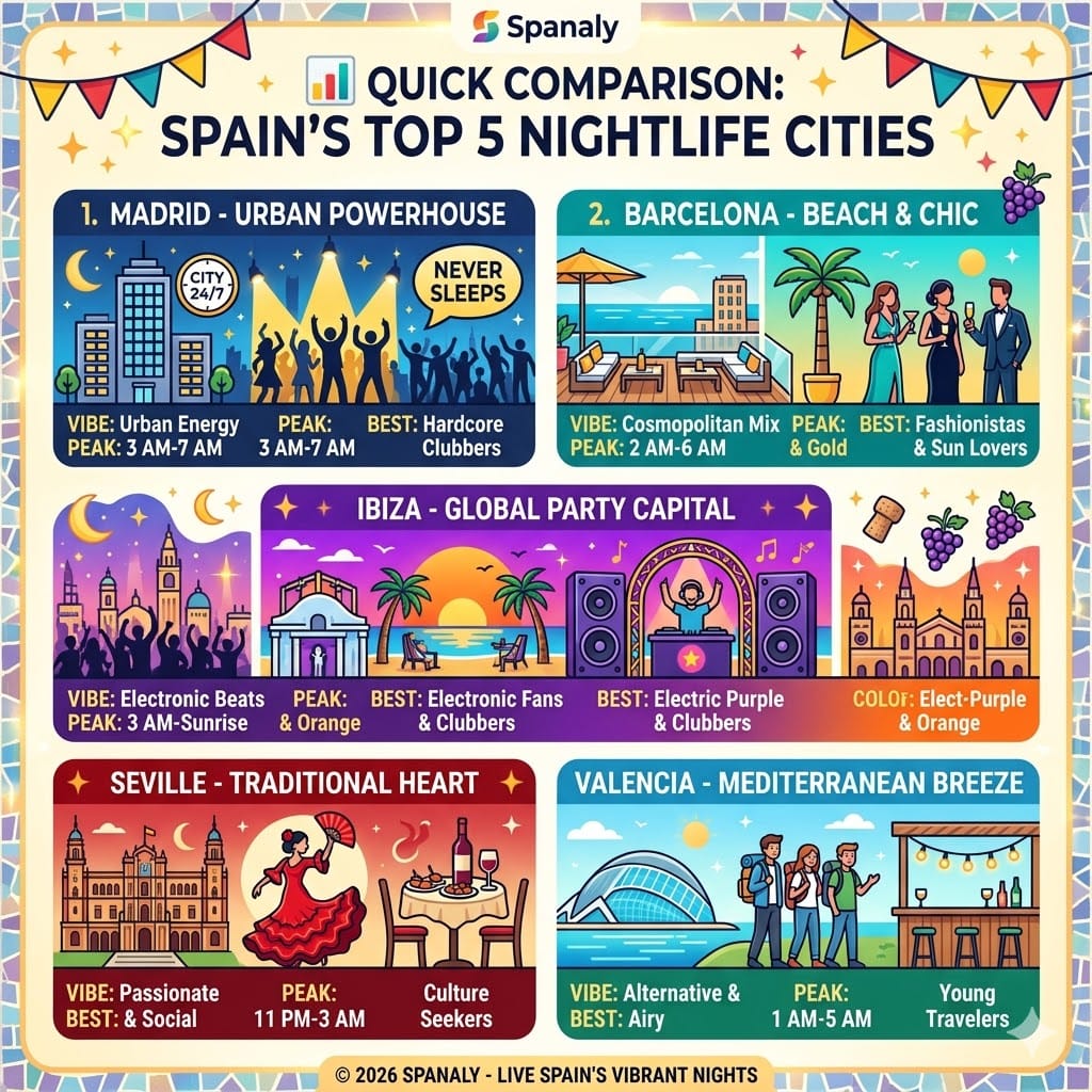 A colorful comparison infographic of nightlife in Madrid, Barcelona, Ibiza, Seville, and Valencia, detailing the specific vibe, peak energy hours, and best traveler types for each Spanish city.