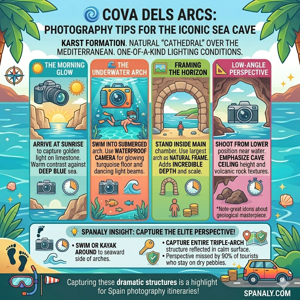 Professional photography tips for Cova dels Arcs sea cave in Alicante, featuring morning glow lighting, underwater arch shots, natural horizon framing, and low-angle perspectives of limestone arches.
