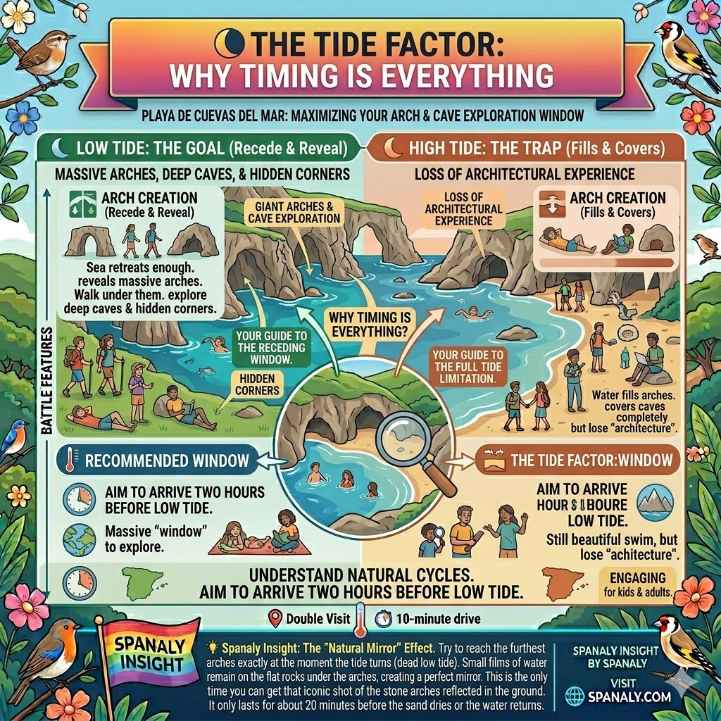Infographic for Playa de Cuevas del Mar explaining the difference between low tide and high tide for exploring sea arches and caves in Asturias.