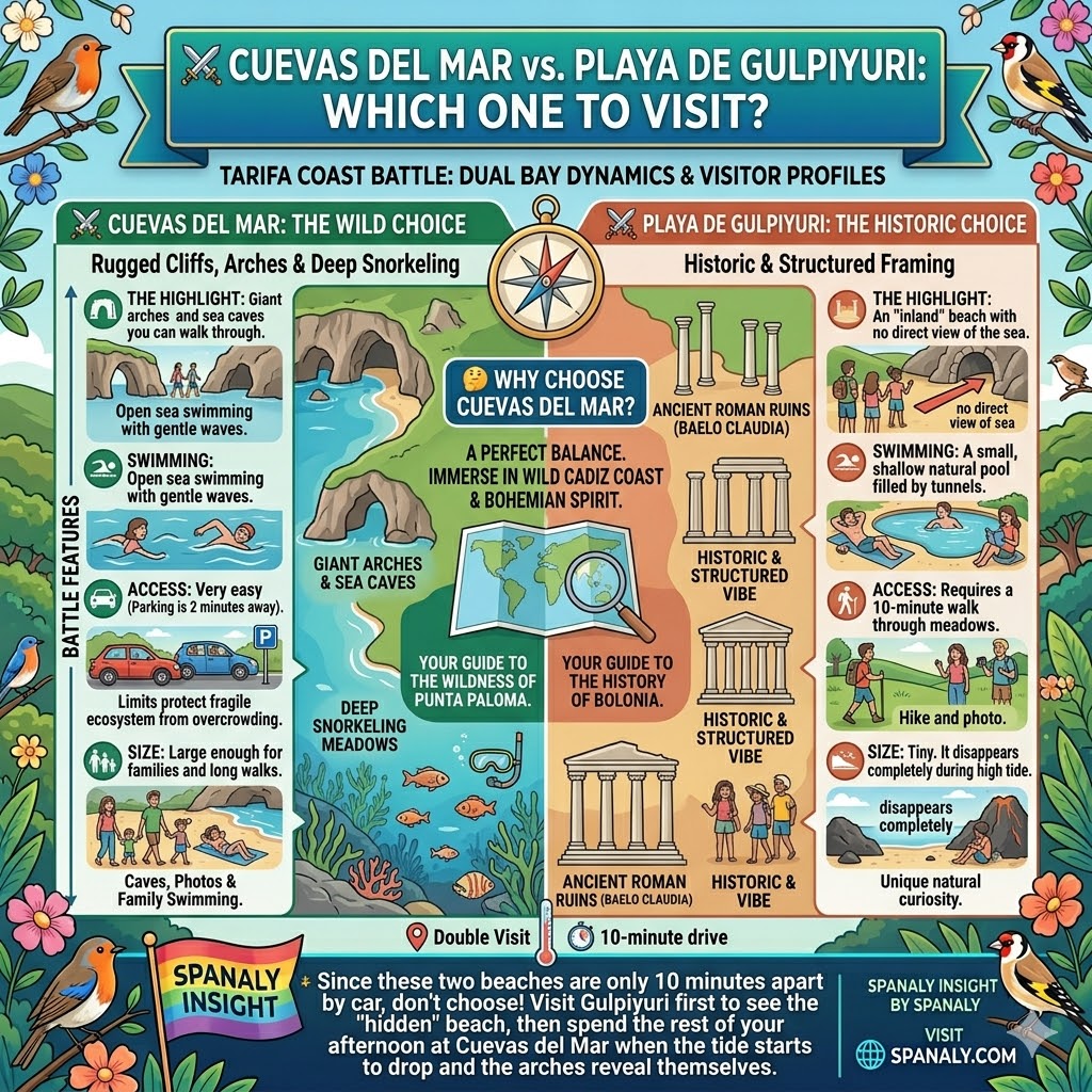 Comparison infographic between Playa de Cuevas del Mar and Playa de Gulpiyuri highlighting sea arches versus inland hidden beach features in Asturias.