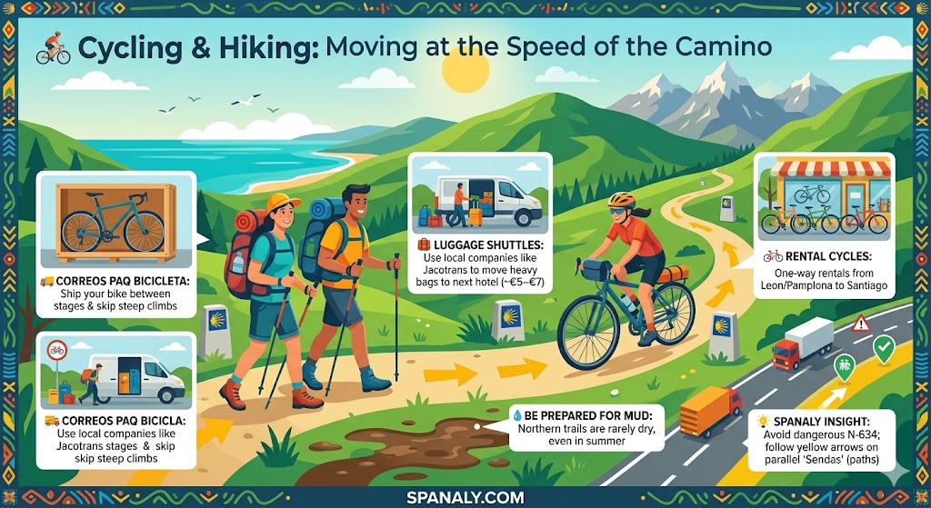 Infographic of cycling and hiking in Northern Spain showing luggage shuttle services and bike transfers on the Camino.