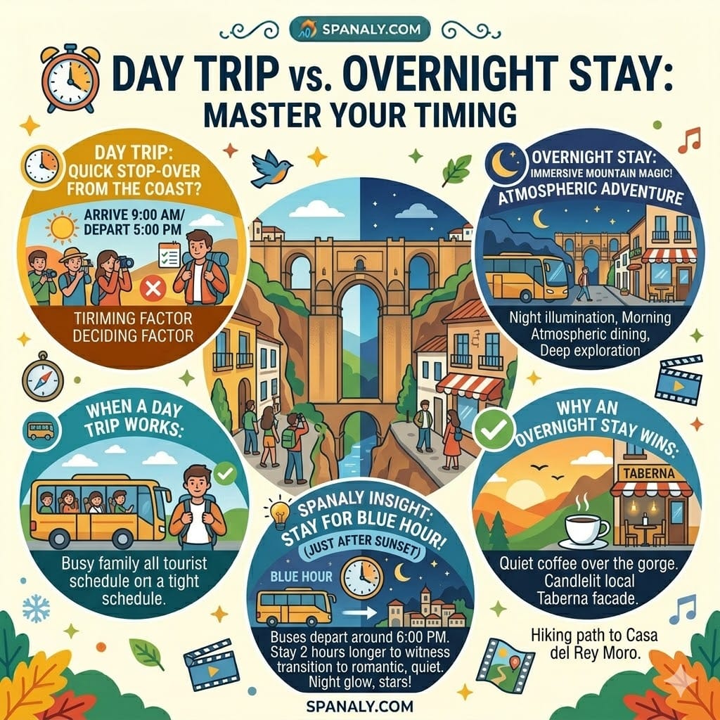 Informative 1024x1024 infographic comparing a Ronda day trip vs. an overnight stay, highlighting night illumination, morning serenity, and the blue hour transition.