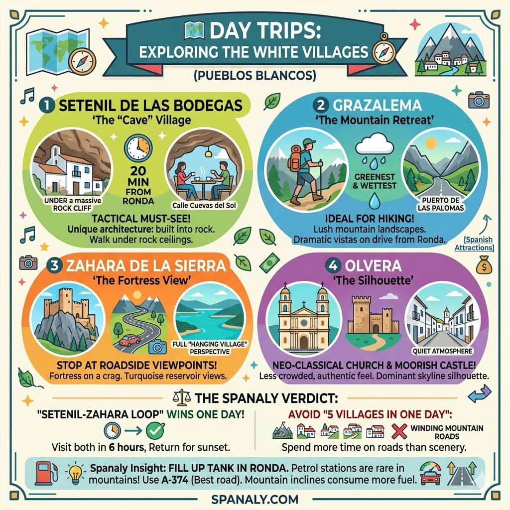 A tactical travel infographic for day trips from Ronda to the White Villages (Pueblos Blancos), featuring Setenil de las Bodegas, Grazalema, Zahara de la Sierra, and Olvera with driving tips.