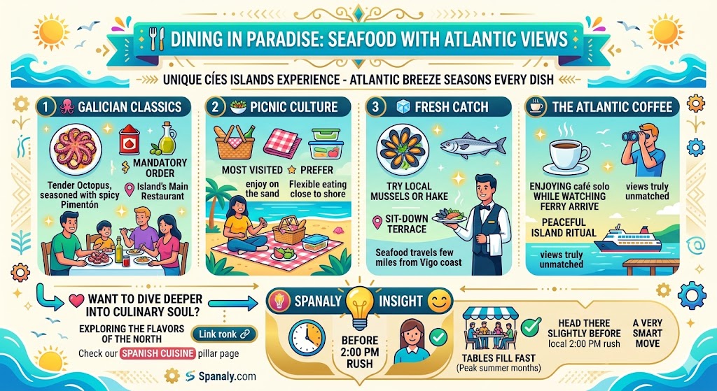 A colorful infographic about dining at Playa de Rodas, featuring Galician classics like Pulpo a la Gallega, picnic culture tips, fresh local seafood, and advice on avoiding the peak 2:00 PM restaurant rush.