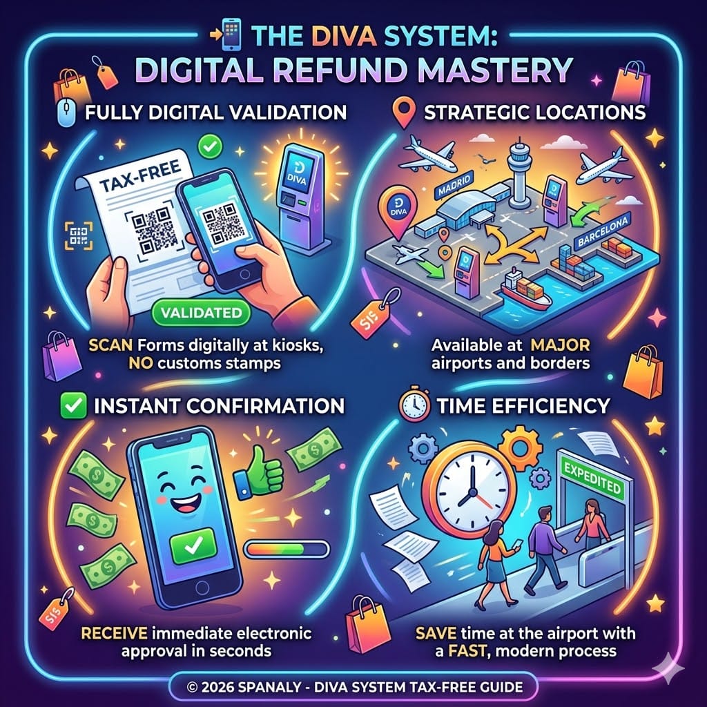 A vibrant illustrated square infographic guiding on mastering Spain’s DIVA digital tax refund system, showcasing fully digital validation, strategic kiosk locations, instant confirmation, and time efficiency, with distinct visual style and no Arabic text.