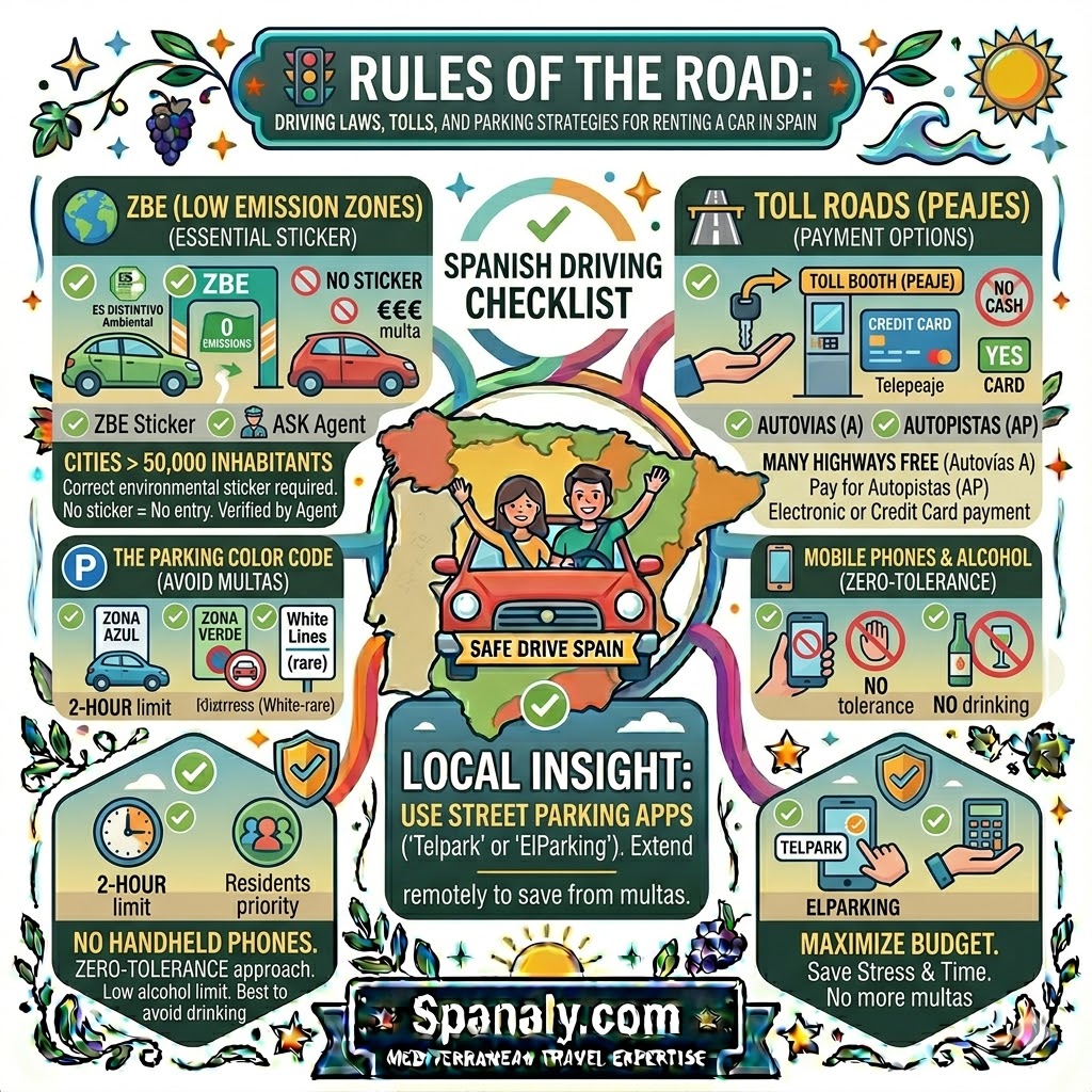 A colorful infographic illustrating Spanish driving laws and rules of the road for car rentals, featuring panels for Low Emission Zones (ZBE), toll roads (AP highways), payment options like electronic Telepeaje, and the parking color code (blue, green, and white lines).