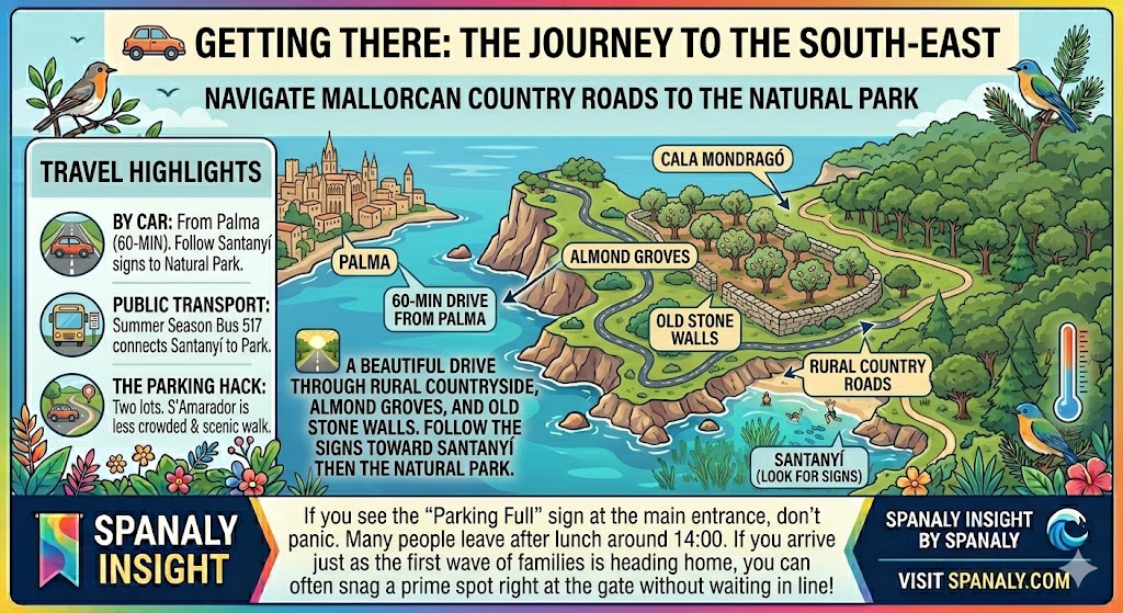 Infographic guide with a map showing driving routes from Palma, Santanyí bus info, and parking hacks to reach Cala Mondragó in Mallorca.