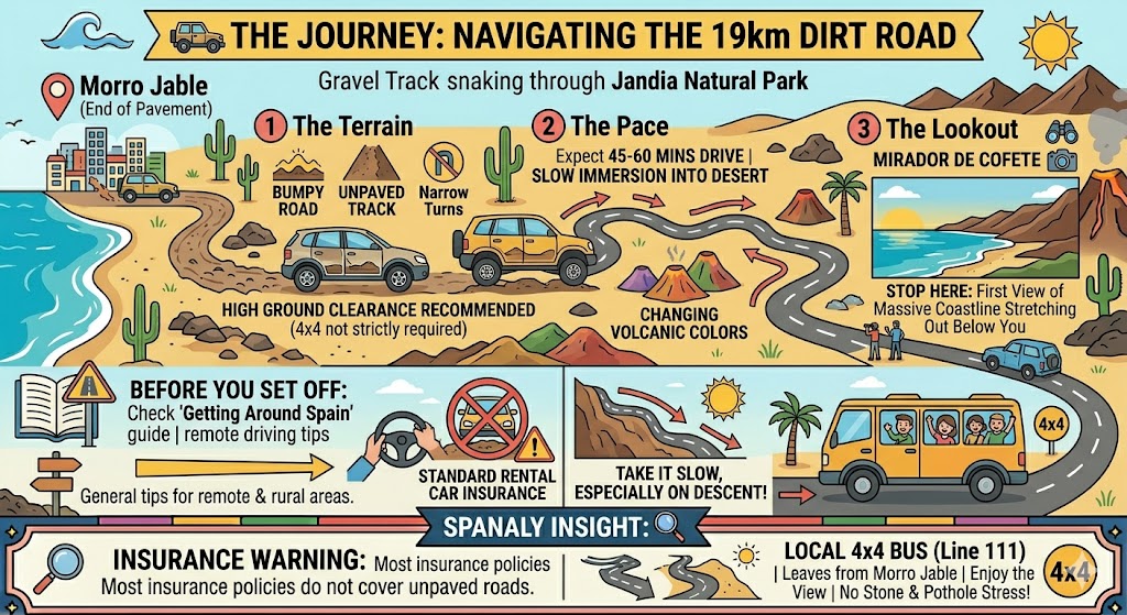 An infographic guide for the 19km dirt road to Playa de Cofete, featuring tips on car clearance, driving pace, the Mirador lookout, and the 4x4 bus alternative.
