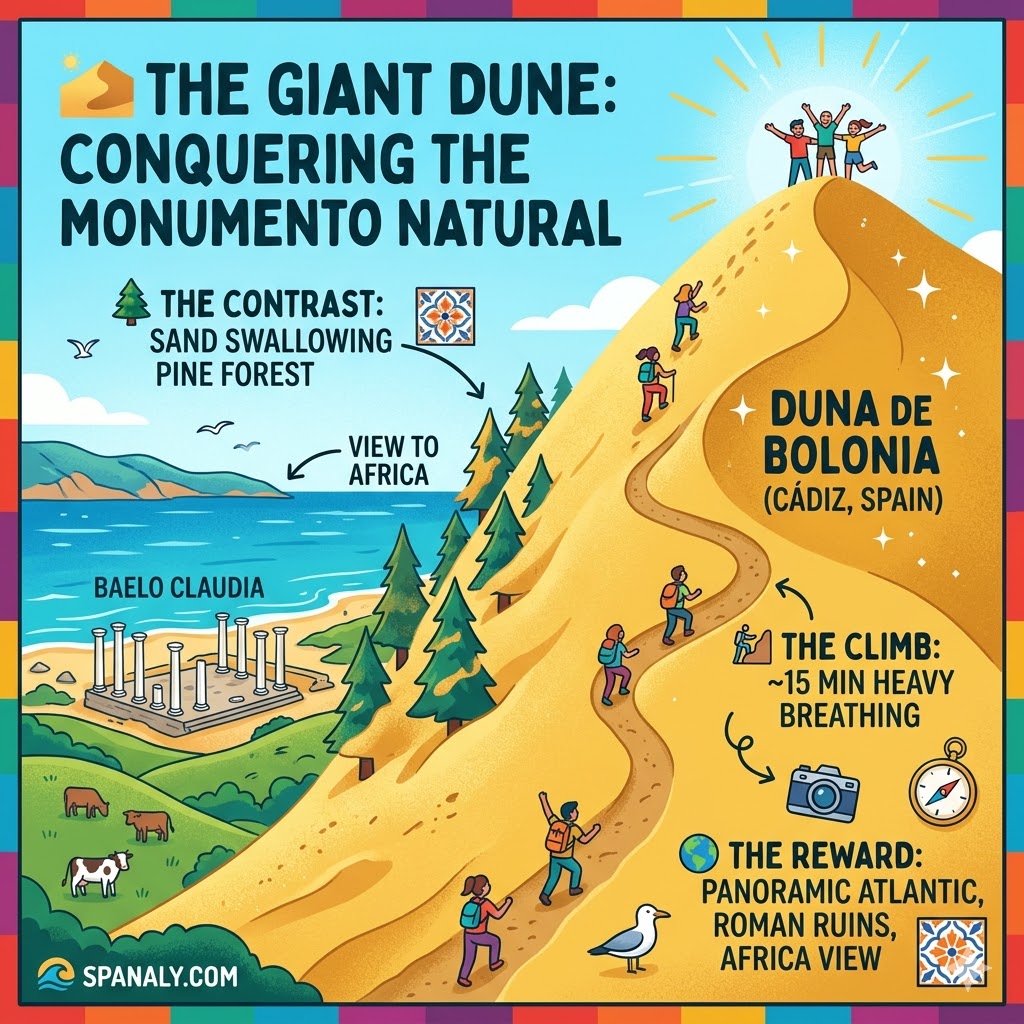 A vibrant infographic showing the 30-meter high Duna de Bolonia in Tarifa, featuring the climb difficulty, the panoramic reward of Africa views, and the Roman ruins of Baelo Claudia.