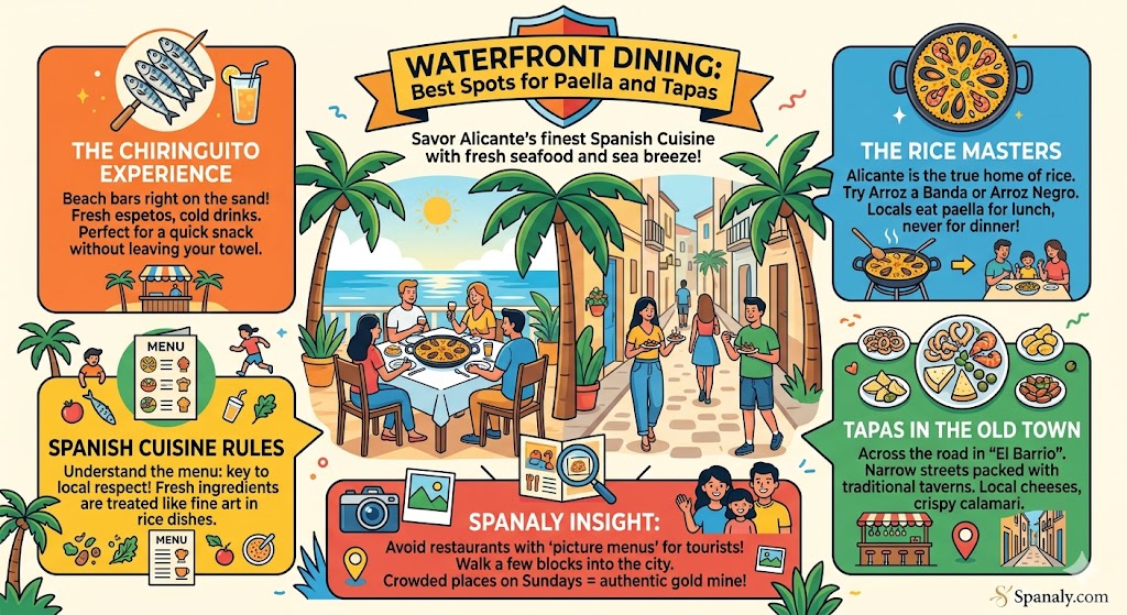 Infographic about waterfront dining at El Postiguet Beach in Alicante, featuring tips for authentic Spanish paella, beachfront chiringuitos, and tapas in the Old Town by Spanaly.com