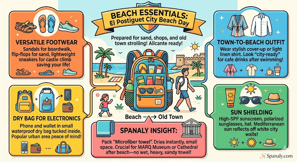 Infographic showing beach essentials for El Postiguet in Alicante, including footwear for castle climbing, city-ready outfits, sun protection, and packing tips by Spanaly.com