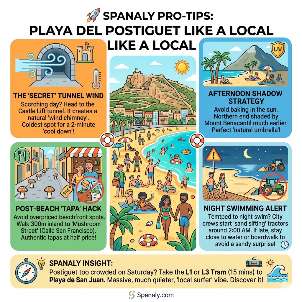Infographic of local pro-tips for El Postiguet Beach in Alicante, featuring the castle tunnel wind effect, afternoon shadow strategy, mushroom street tapas hack, and night cleaning alerts by Spanaly.com
