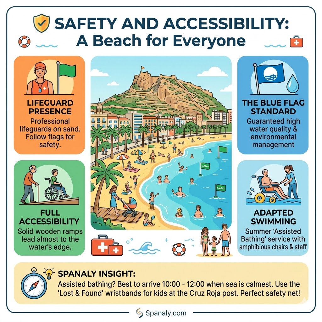 Infographic about safety and accessibility at El Postiguet Beach in Alicante, featuring Blue Flag status, lifeguard info, wheelchair ramps, and assisted bathing services by Spanaly.com