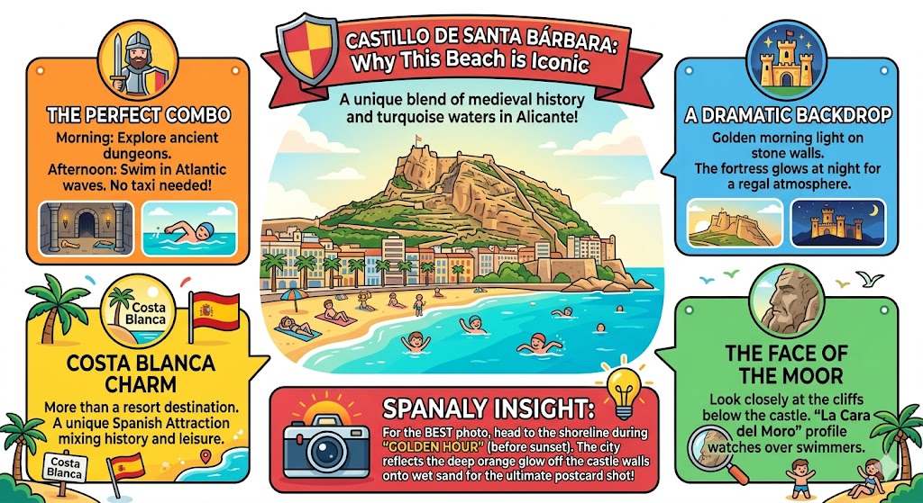 Infographic of El Postiguet Beach at the foot of Mount Benacantil and Santa Barbara Castle in Alicante, featuring the Face of the Moor rock formation and photography tips by Spanaly.com
