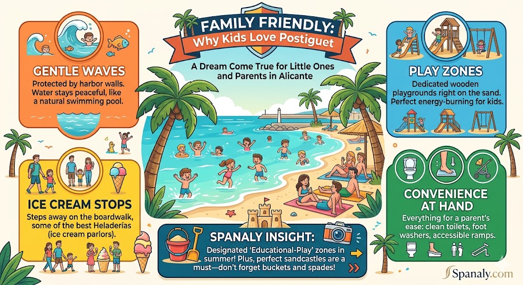 Family-friendly guide infographic for El Postiguet Beach in Alicante, showing safe swimming areas, playgrounds, ice cream shops, and stroller-accessible facilities by Spanaly.com