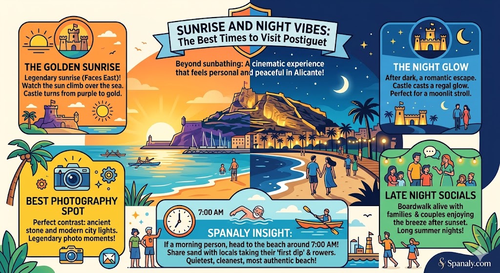 Infographic showing the best times to visit El Postiguet beach in Alicante, featuring the golden sunrise, night castle illumination, and early morning local vibes by Spanaly.com