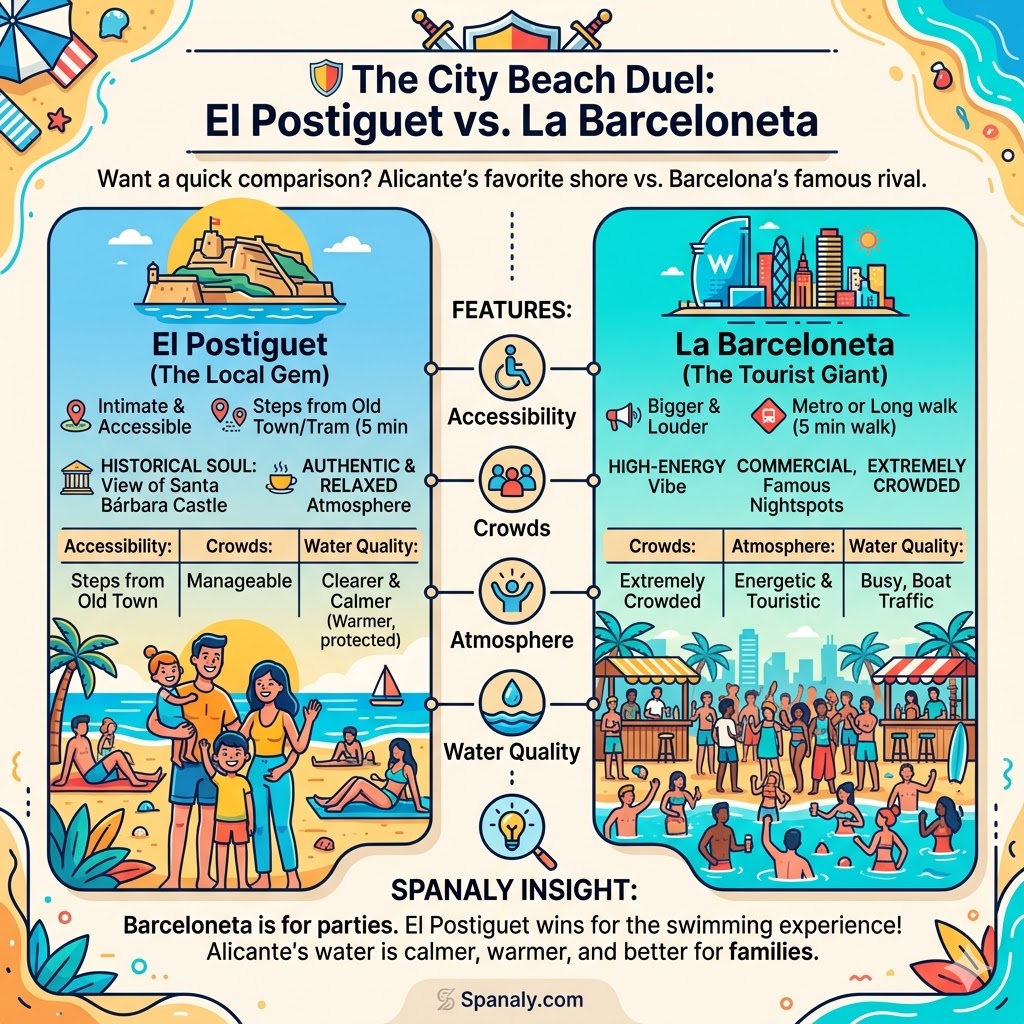 Comparison infographic between El Postiguet Beach in Alicante and La Barceloneta in Barcelona, highlighting differences in crowds, atmosphere, and water quality by Spanaly.com
