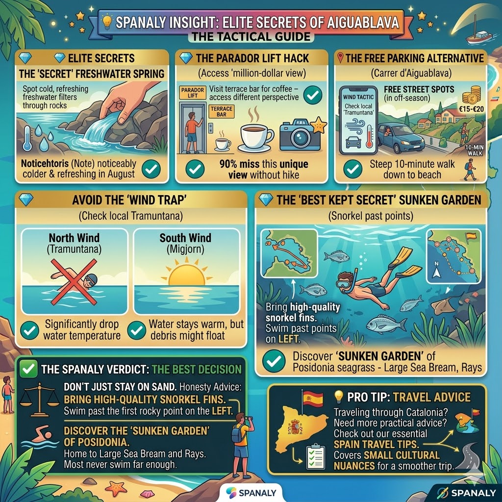 A square 1024x1024 infographic revealing elite travel secrets for Aiguablava including the freshwater spring hack, Parador terrace access, and wind navigation tips.