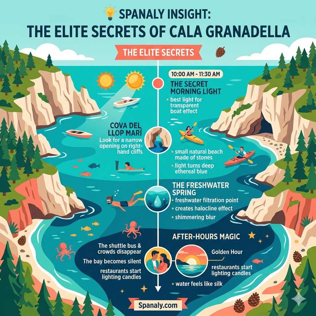 A colorful 1024x1024 tactical infographic of Cala Granadella in Javea, revealing hidden secrets like the transparent water time, Cova del Llop Mari cave entry, and VIP boat access.