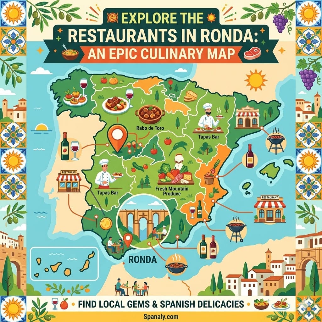 An epic infographic map centered on Spain, featuring colorful icons for Ronda’s culinary delights, including tapas, meat dishes, and local wines, with the top title "EXPLORE THE BEST RESTAURANTS IN RONDA: AN EPIC CULINARY MAP" and "Spanaly.com" at the bottom.