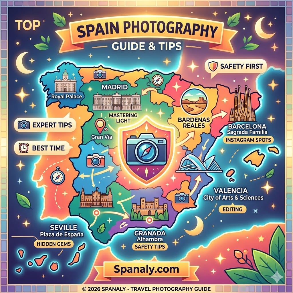 Featured infographic map in English visualizing the ultimate Spain photography guide, including key locations like Barcelona, Madrid, Seville, Granada, and Valencia. It features prominent icons for top spots, hidden gems, perfect timing, expert tips, and travel safety advice across various urban and historic locations, entirely free of Arabic characters.