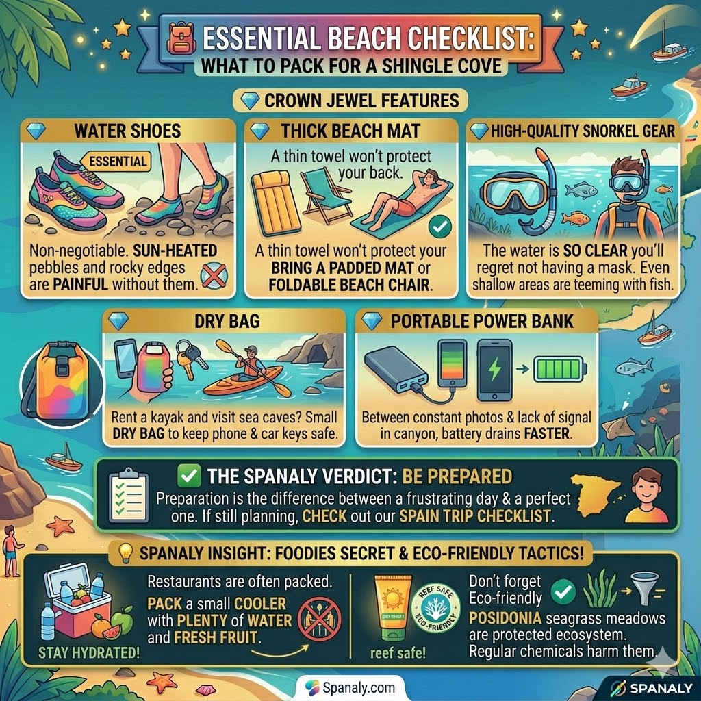 A colorful 1024x1024 beach checklist infographic for Cala Granadella featuring water shoes, padded mats, snorkel gear, and eco-friendly sunscreen tips.