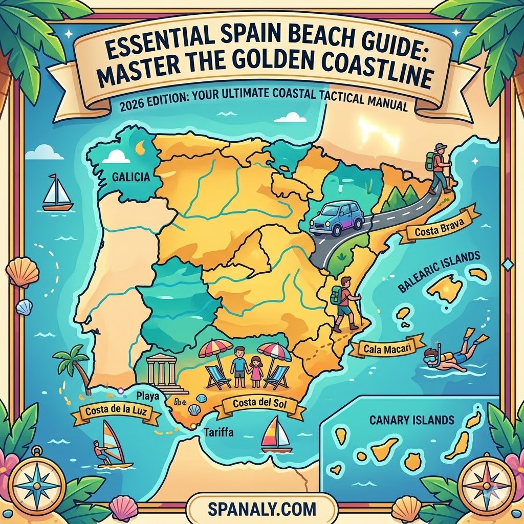 An epic infographic map of Spain featuring top beach destinations like Costa Brava, Galicia, and the Balearic Islands for the ultimate coastal guide.