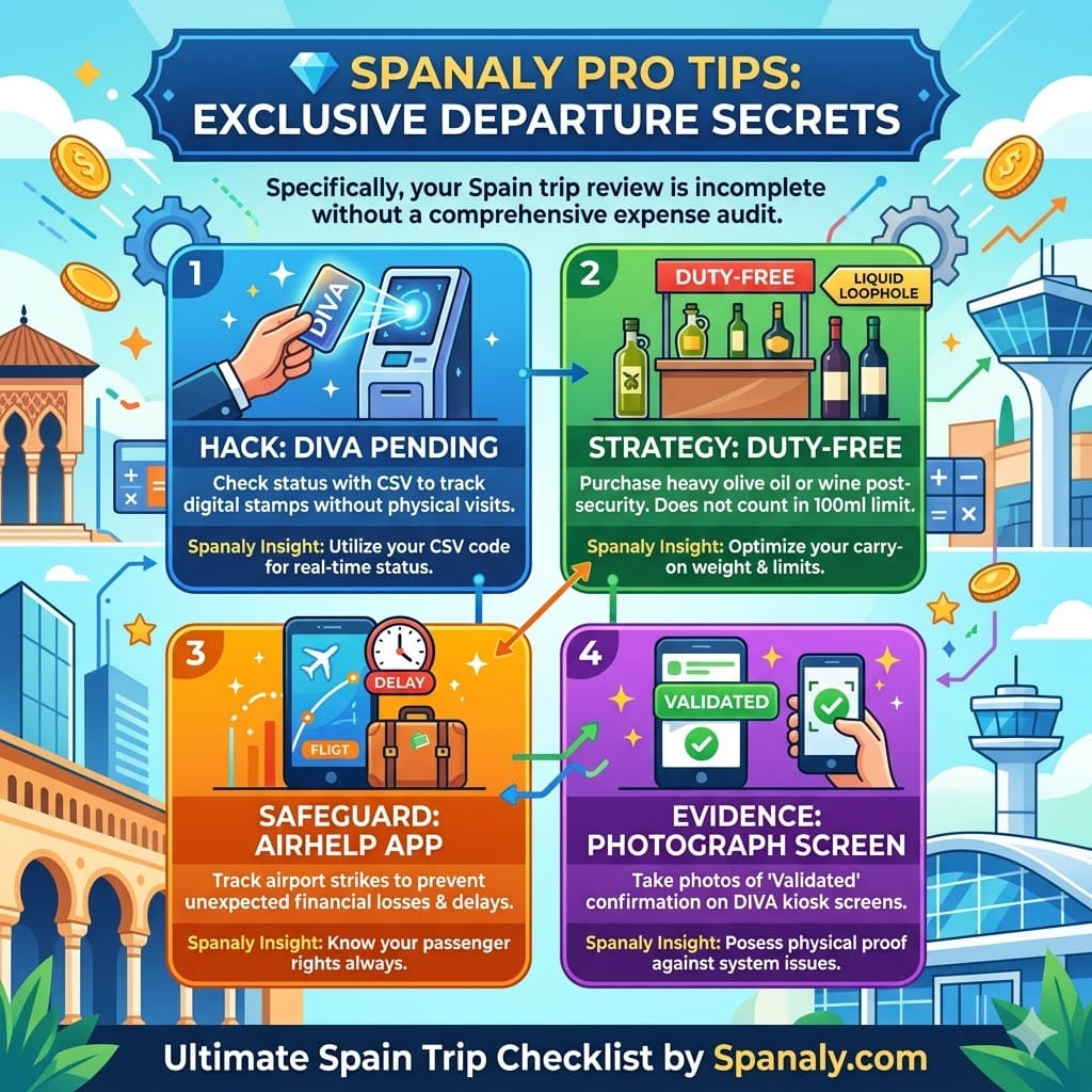 A colorful square infographic detailing four professional Spain departure hacks: DIVA CSV status tracking, duty-free liquid loophole, AirHelp strike protection, and validation screen photographic evidence with Spanaly branding.