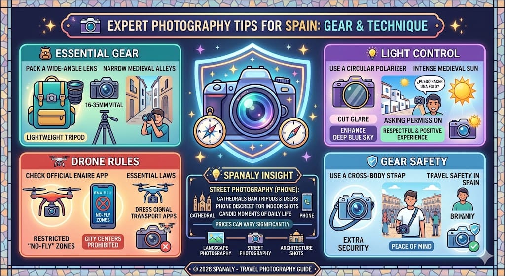 Colorful infographic visualizing expert photography tips for Spain, including wide-angle lenses for narrow alleys, circular polarizers to manage intense sun, cultural etiquette for portraits, ENAIRE drone laws, and gear safety. It offers advice for capturing unique architecture, urban views, and landscapes while traveling.