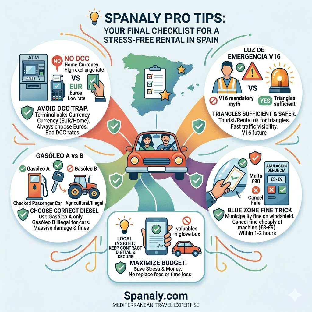 A colorful infographic presenting expert car rental tips for Spain, including avoiding the DCC exchange rate trap at ATMs, distinguishing between Gasóleo A and B diesel, canceling parking fines at blue zone machines, and the legal status of V16 emergency lights versus triangles.