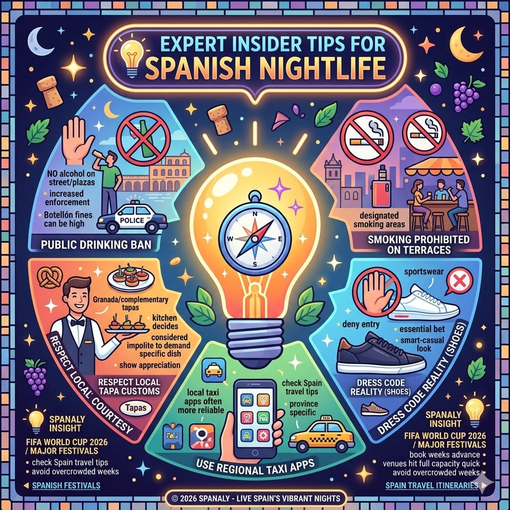 Colorful infographic (1024x1024) titled Expert Insider Tips for Spanish Nightlife, providing essential advice on public drinking bans, terrace smoking rules, proper dress codes, using local transport apps, and etiquette for complimentary tapas.