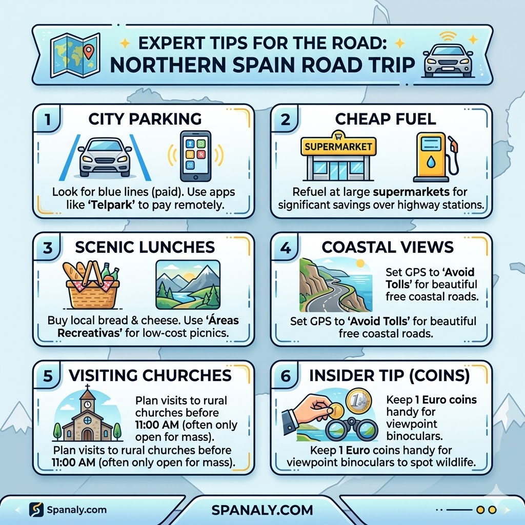 Infographic showing 6 expert road trip tips for Northern Spain including parking apps, cheap fuel, and scenic coastal routes.