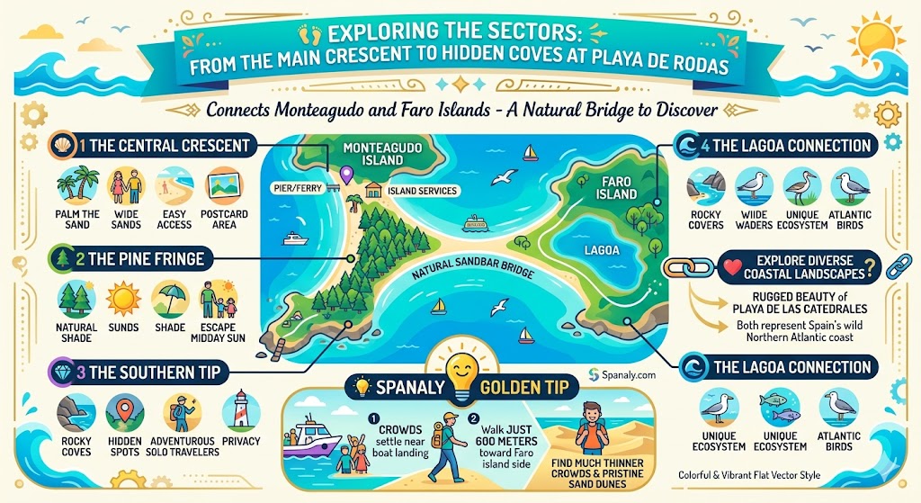 A detailed infographic map of Playa de Rodas sectors, highlighting the Central Crescent, Pine Fringe, Southern Tip, and the Lagoa connection, with expert tips on finding quiet spots and birdwatching locations.