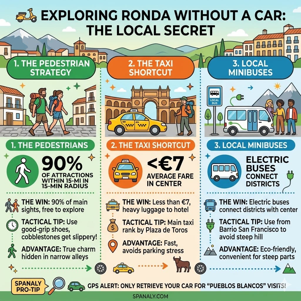 A colorful infographic showing alternative transport in Ronda including walking paths, local taxi services, and electric minibuses for tourists.