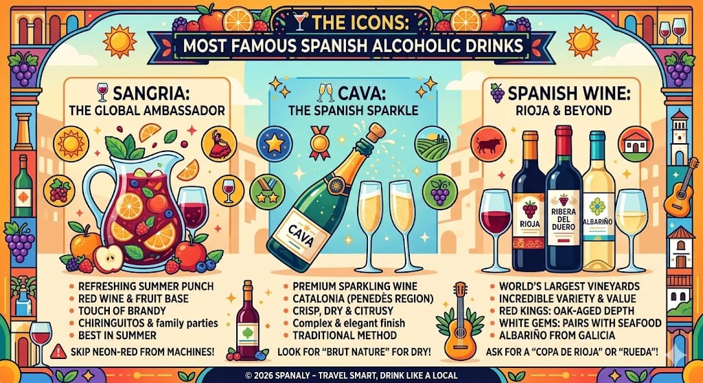 An expert infographic showcasing the most famous Spanish alcoholic drinks, featuring authentic Sangria, Cava sparkling wine from Catalonia, and world-class Rioja and Albariño wines.