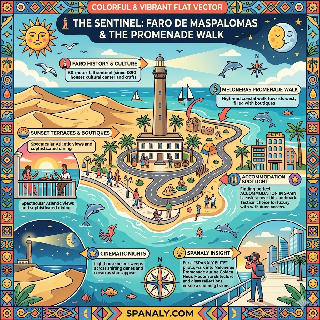 Infographic of Faro de Maspalomas lighthouse showing the Meloneras promenade walk, historic cultural center, and luxury coastal accommodation spots.