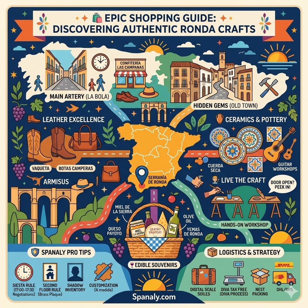 Epic infographic map of Ronda shopping guide featuring leather workshops, ceramics, and local food on a colorful Spain map.