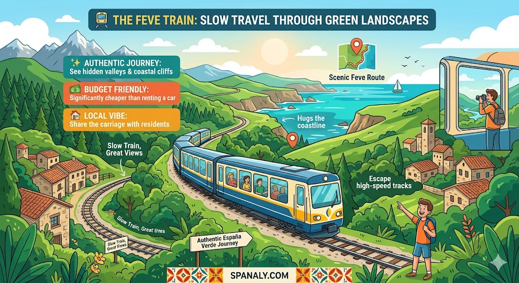 Vibrant infographic of the Feve narrow-gauge train traveling through the green coastal landscapes of Northern Spain.