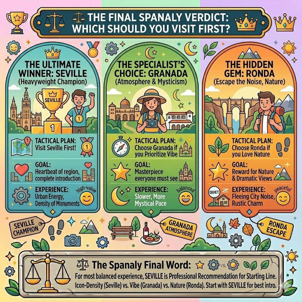 Final Spanaly verdict infographic comparing Seville as the heavyweight champion for first-timers, Granada for mystical vibes, and Ronda for nature lovers.