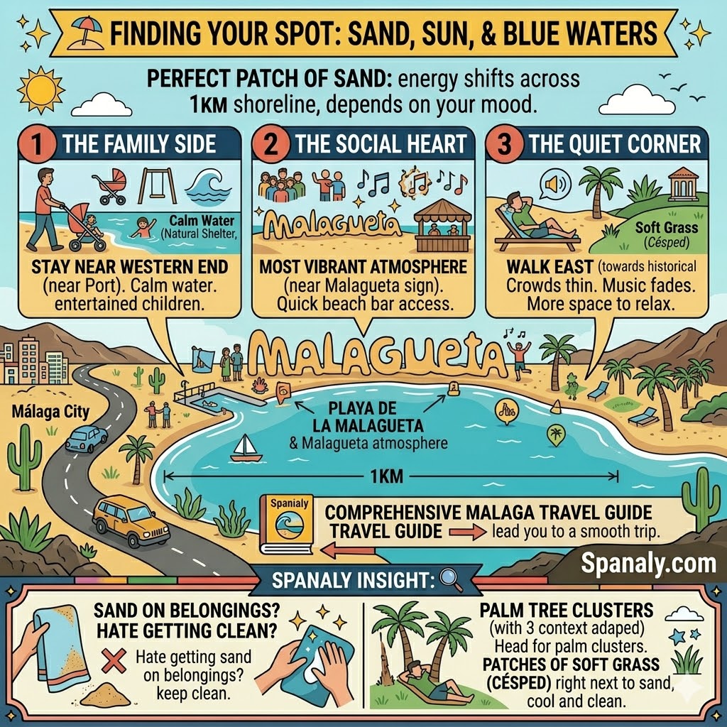 An infographic guide to finding the best spot at Playa de la Malagueta, highlighting the family area near the port, the social heart at the Malagueta sign, and the quiet corner near Baños del Carmen.