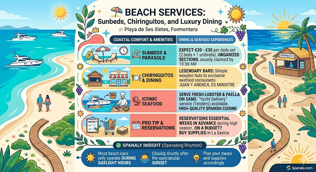 Colorful infographic showing beach services at Playa de Ses Illetes Formentera, including sunbed rental prices, luxury chiringuitos, and reservation tips.
