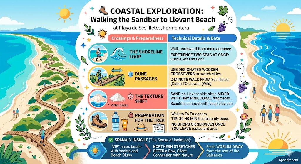Detailed infographic map for walking the Ses Illetes sandbar to Llevant Beach in Formentera featuring shoreline loops and pink coral sand tips.