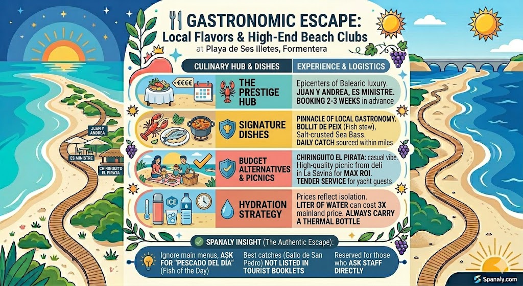 Colorful gastronomy infographic for Playa de Ses Illetes Formentera featuring luxury beach clubs like Juan y Andrea and traditional Spanish seafood dishes.