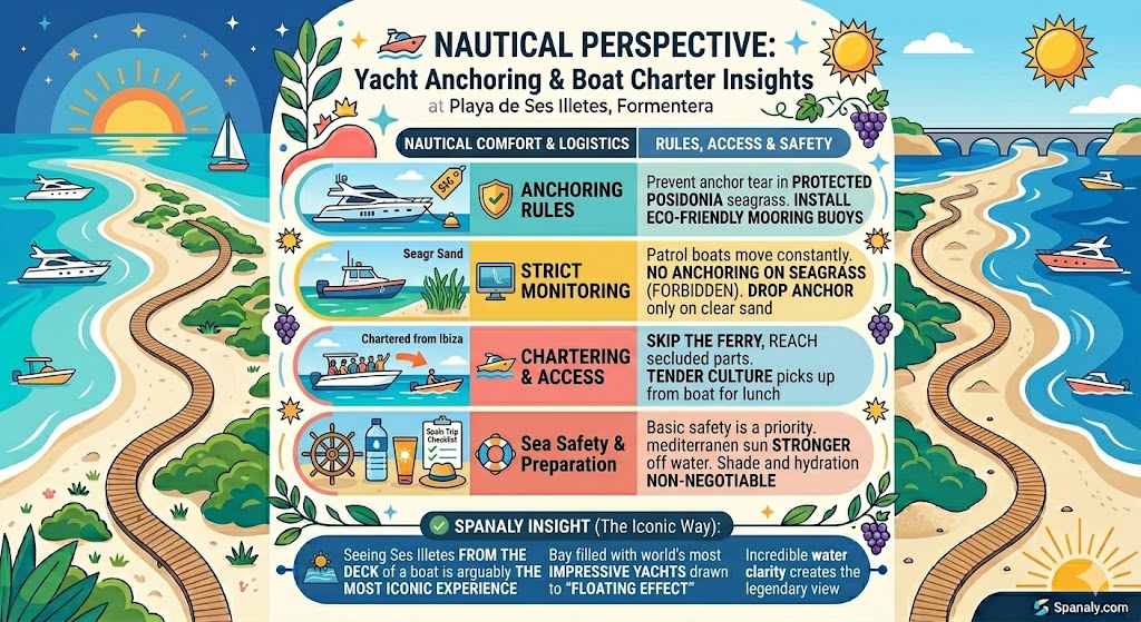 Technical infographic for yacht anchoring and boat charters at Playa de Ses Illetes Formentera featuring Posidonia seagrass protection rules and eco-friendly buoy reservations.
