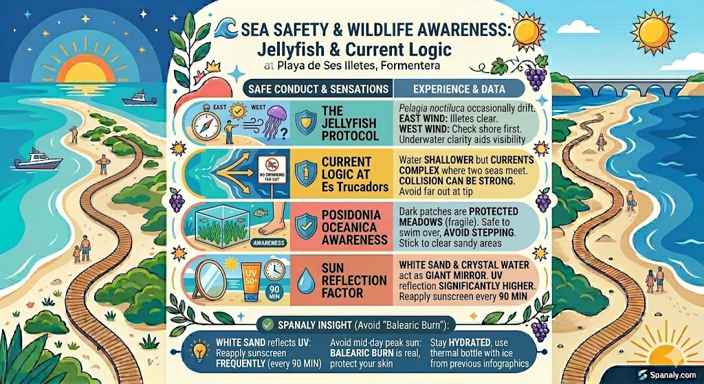 Colorful infographic providing sea safety tips for Playa de Ses Illetes Formentera, covering jellyfish awareness, strong currents at Es Trucadors, and Posidonia protection.