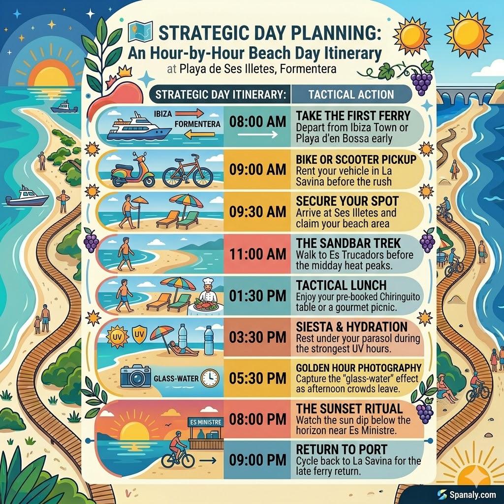 A colorful hour-by-hour itinerary infographic for Playa de Ses Illetes Formentera including ferry times, sandbar treks, and sunset photography windows.